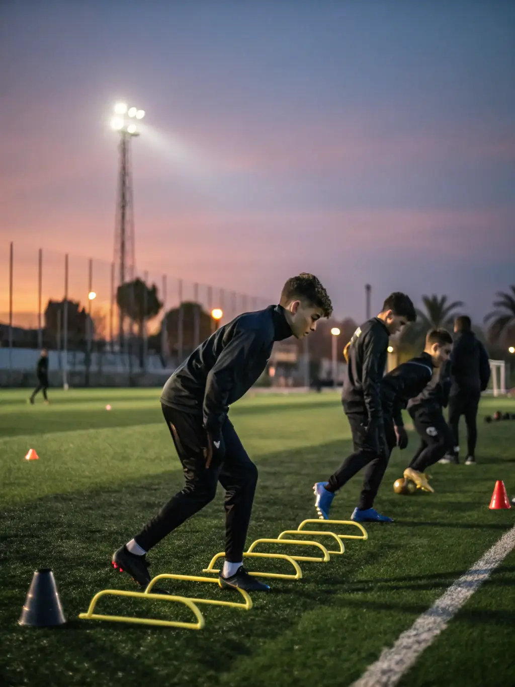 Action shot of young ASG players participating in a training drill on a sunny field, showcasing their agility and teamwork.