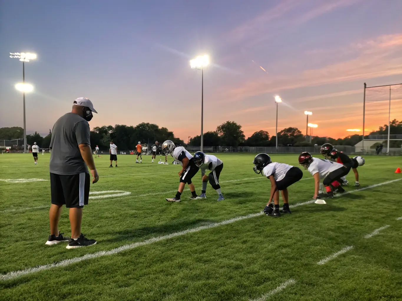 A group of young players practicing drills on a well-maintained football field under the guidance of a coach, showcasing the club's commitment to skill development.